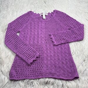 French Laundry‎ Women's S Purple Open Knit Scallop Edge Sweater Boho Artsy Fairy